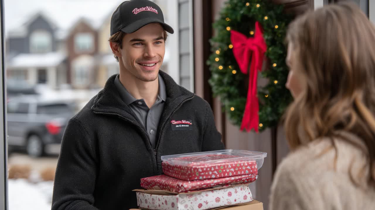 A Warm Holiday Delivery: A Smiling Courier Bringing Joyful Packages to a Friend's Doorstep Amidst Festive Decorations and Snowy Weather
