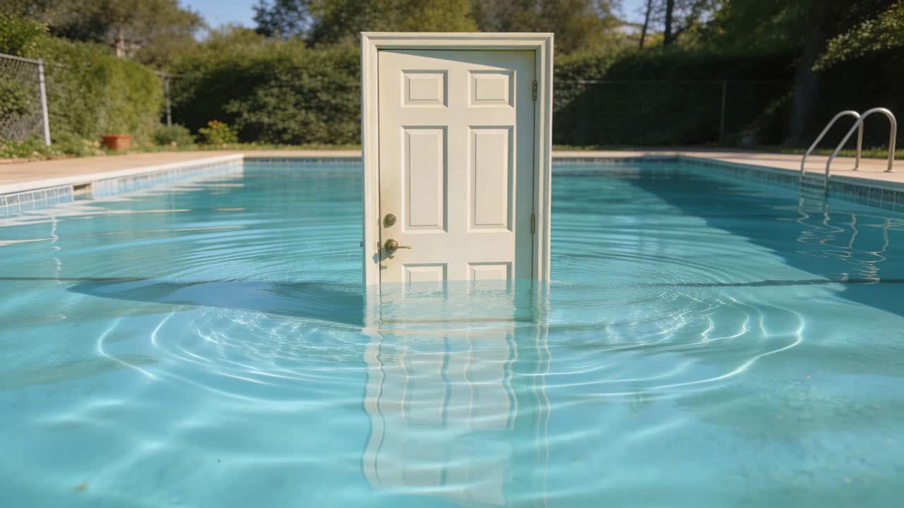 Rippling waves starting at door base and traveling across backyard pool, door remaining still