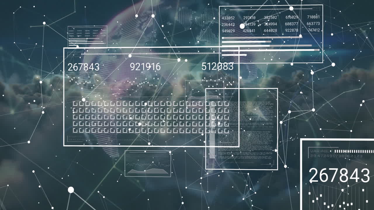 Animation of data processing and network of connections with globe over sky with clouds
