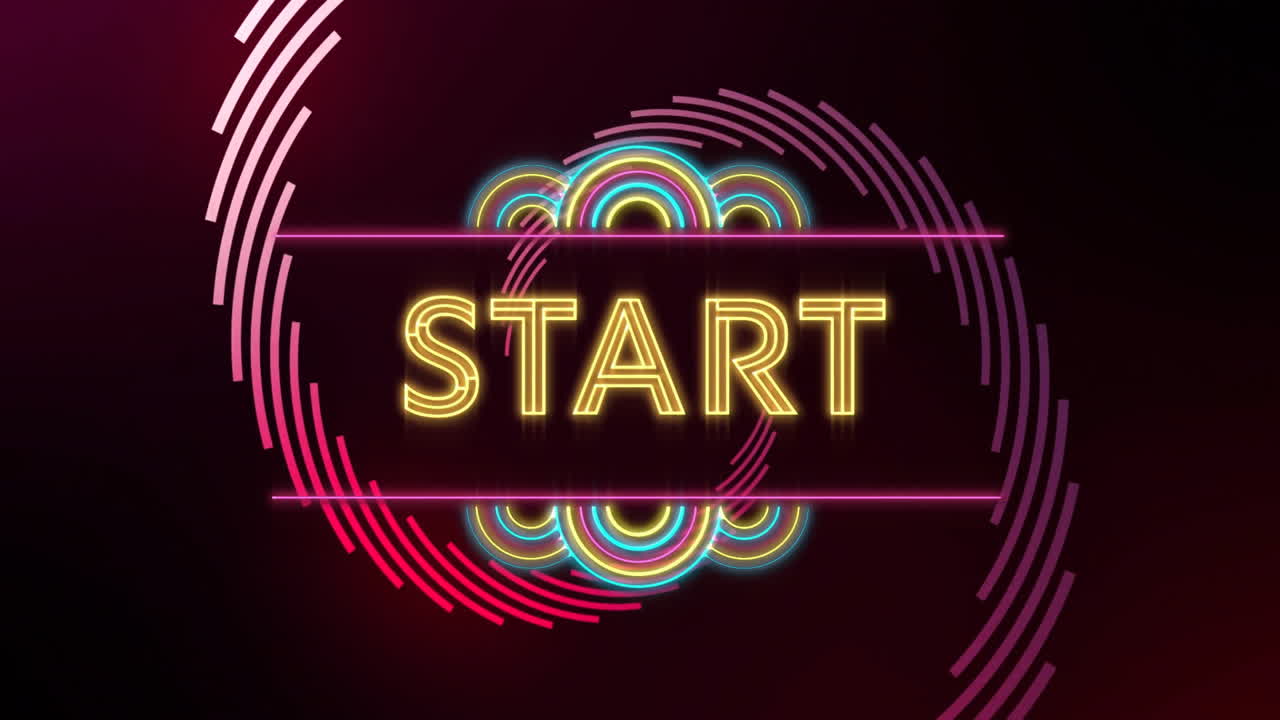 START text animation with neon lights and circular patterns on dark background