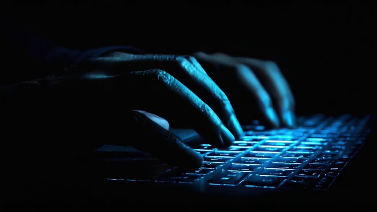 A Close-Up View of Hands Typing on a Laptop Keyboard with Blue Backlighting in a Dark Environment, Capturing the Essence of Modern Technology and Digital Interaction