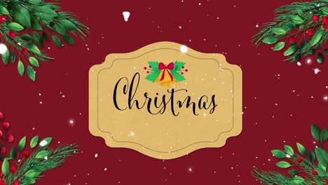 animation of christmas greetings text, decorations and snow falling on red background