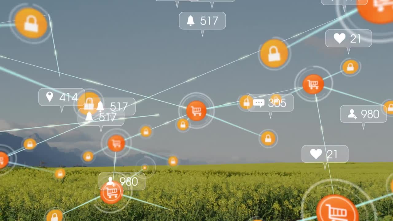 소셜 미디어 아이콘의 애니메이션과 풍경에 대한 연결 네트워크