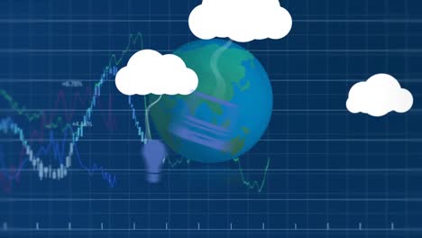 animation of clouds with media icons and data processing with globe on blue background