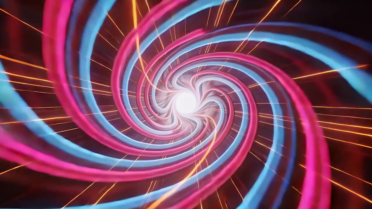 Animation driving neon vortex tightening toward bright core in digital tunnel, cyan magenta ribbons