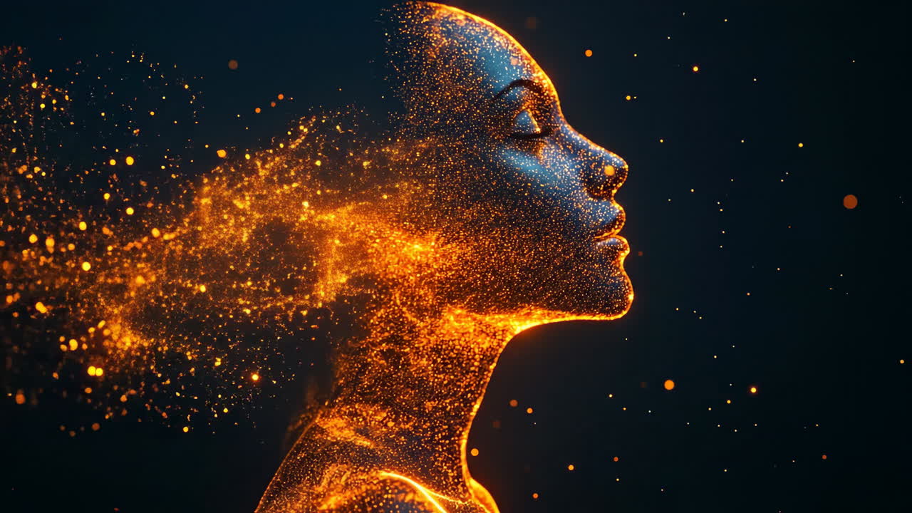 Shimmering light forms beauty. A womans silhouette glows with bright light particles, creating a stunning visual of art and movement in the dark