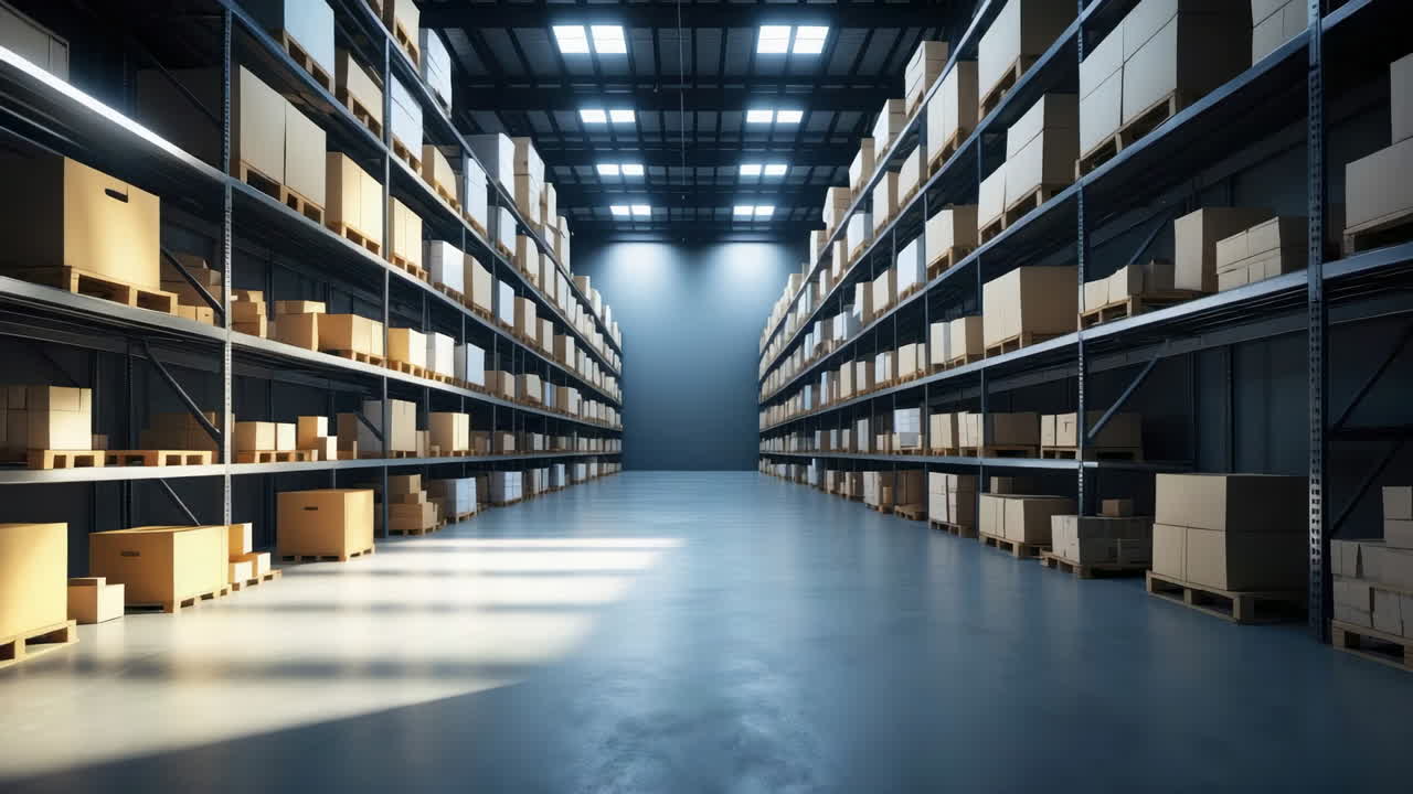 Spacious Warehouse with Rows of Shelves Stocked with Boxes