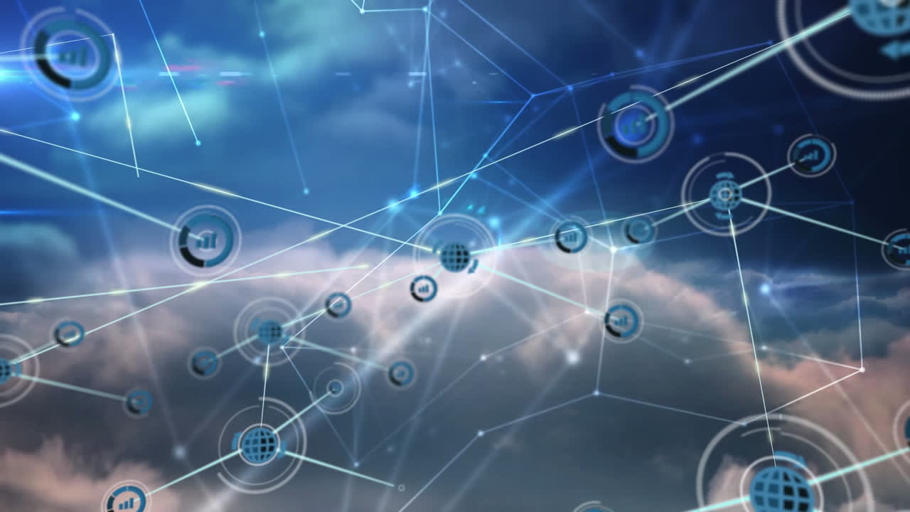 animación de la red de conexiones con iconos sobre nubes