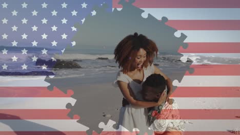 Rompecabezas-Sobre-La-Bandera-Estadounidense-Contra-Una-Pareja-Afroamericana-Abrazándose-En-La-Playa