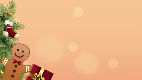 feliz tarjeta de navidad con galleta gingerman y regalos