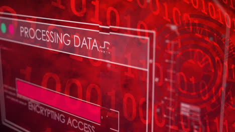 Animación-De-Interfaz-Con-Procesamiento-De-Datos-Sobre-Escáner-Redondo-Y-Codificación-Binaria-Sobre-Fondo-Rojo