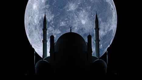 a large moon rises over the mosque during ramadan.