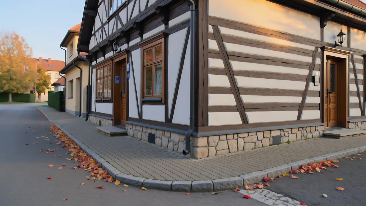 Telecamera che effettua una panoramica circolare sull'angolo di una casa a graticcio in una via di paese, mostrando porte e fogliame.