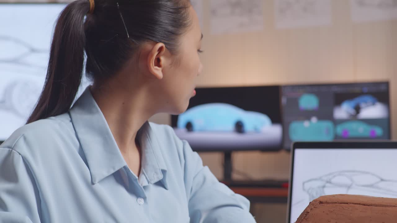close up de una mujer asiática diseñadora de automóviles mirando una computadora portátil mientras trabaja en la escultura de arcilla de automóvil en el estudio