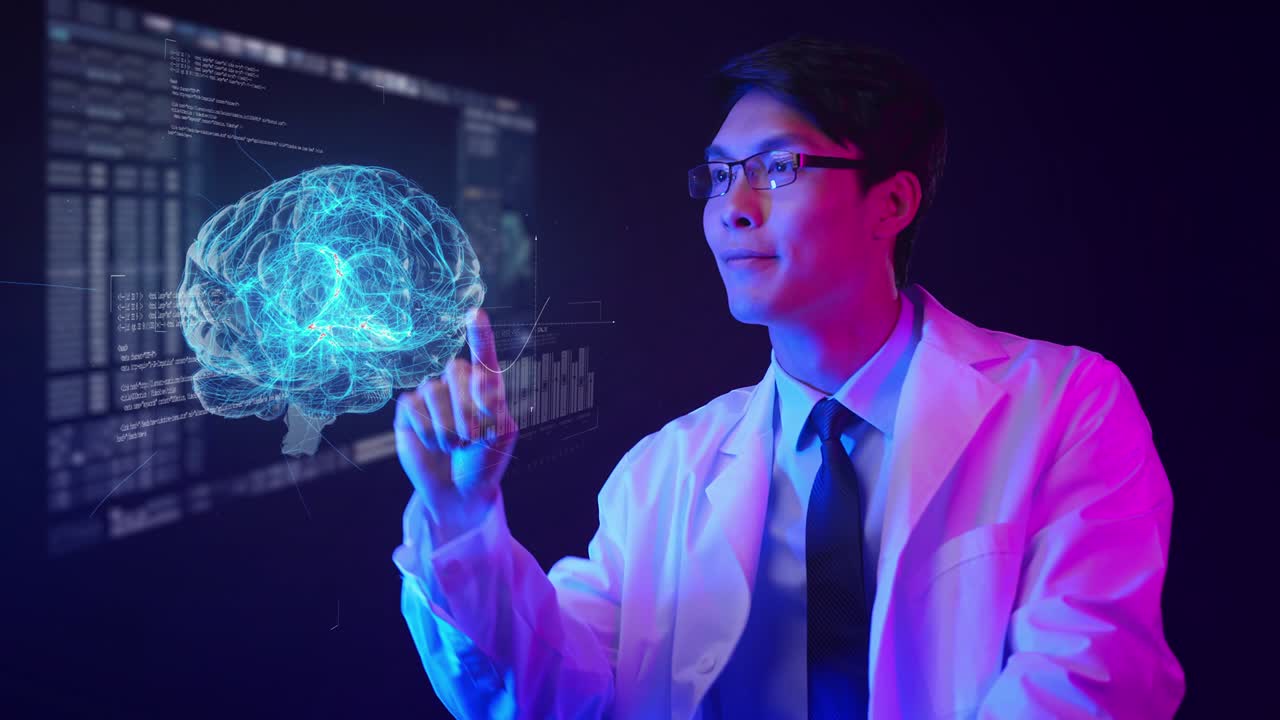 Health check, physical medical examination, doctor analyzing patient data futuristic digital smart technology 3D brain body scan medical for signs or symptoms medical condition.