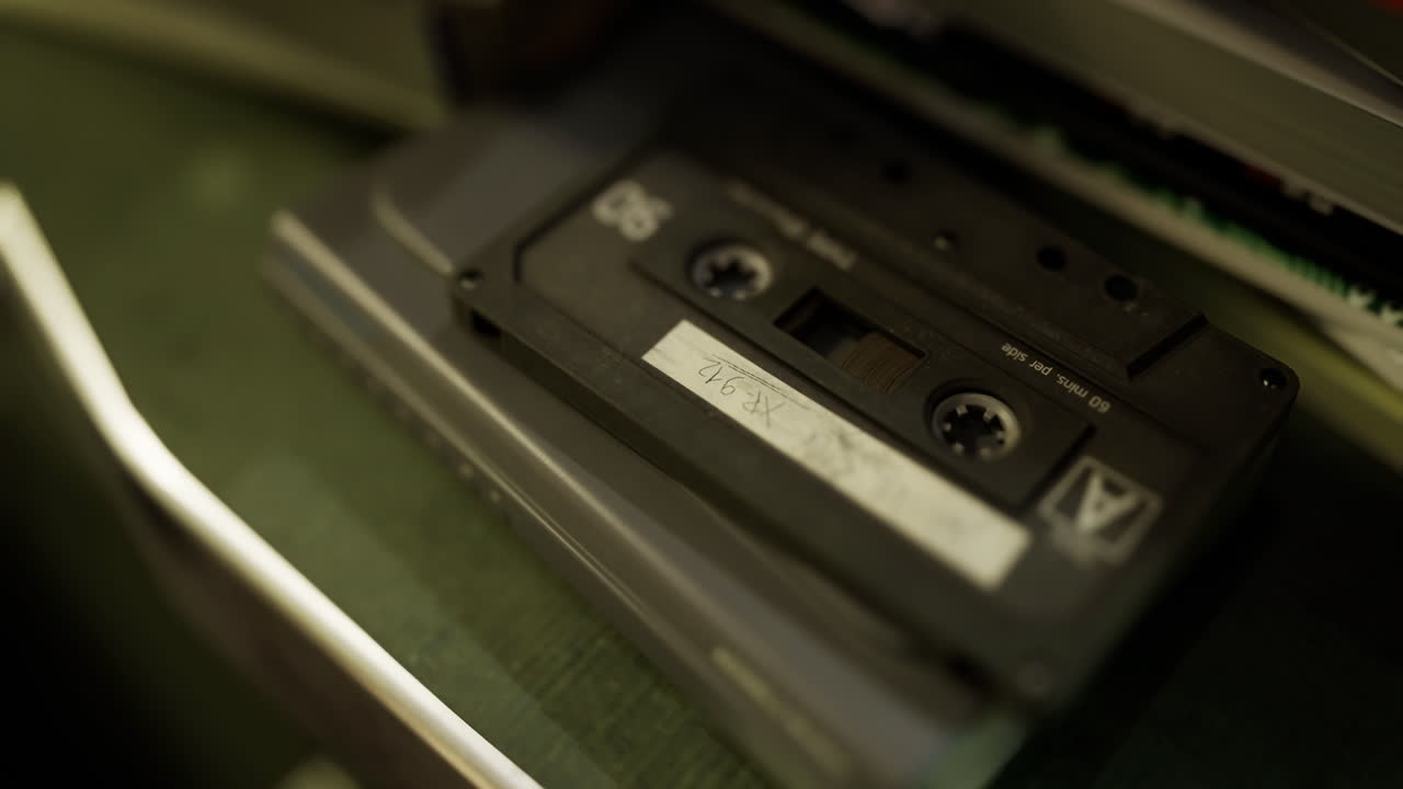 Retro cassette tape resting on a shelf in a cozy music collection space