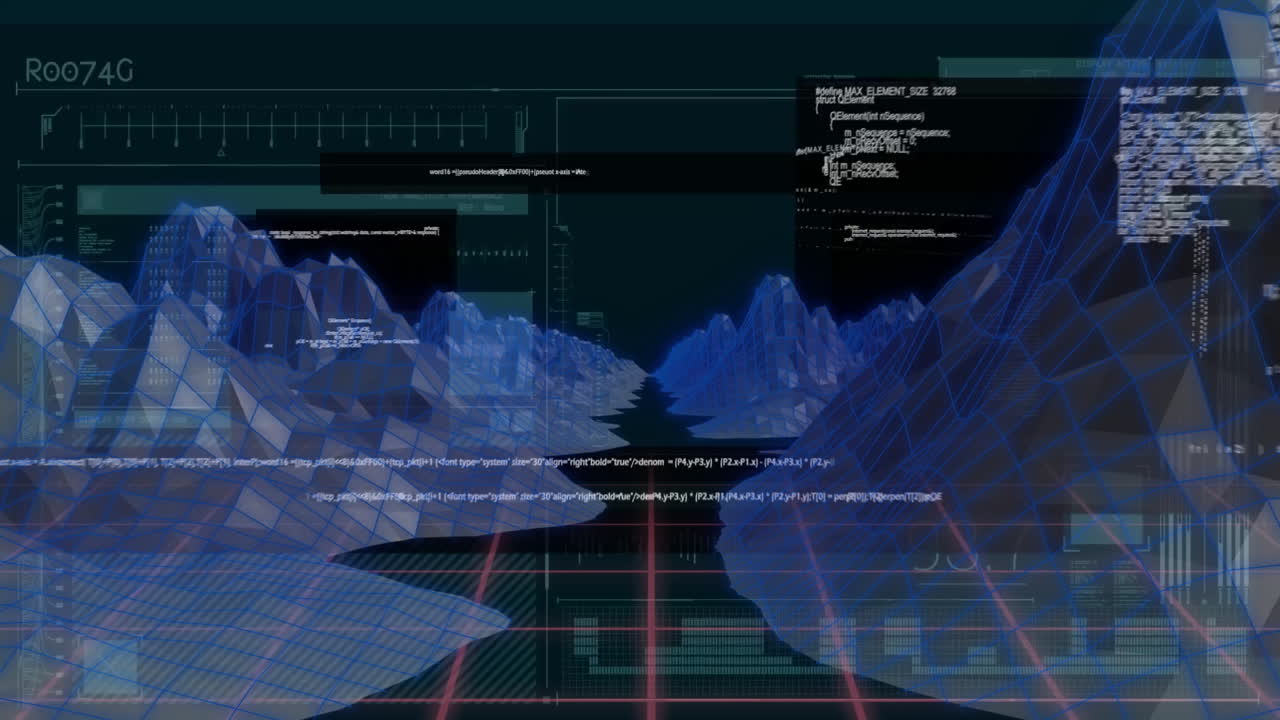 Animation of data processing over digital mountains on black background