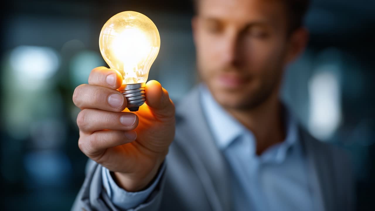 A man showcasing a glowing light bulb symbolizes innovation and creativity, highlighting the brilliance of ideas and enlightenment in a modern setting