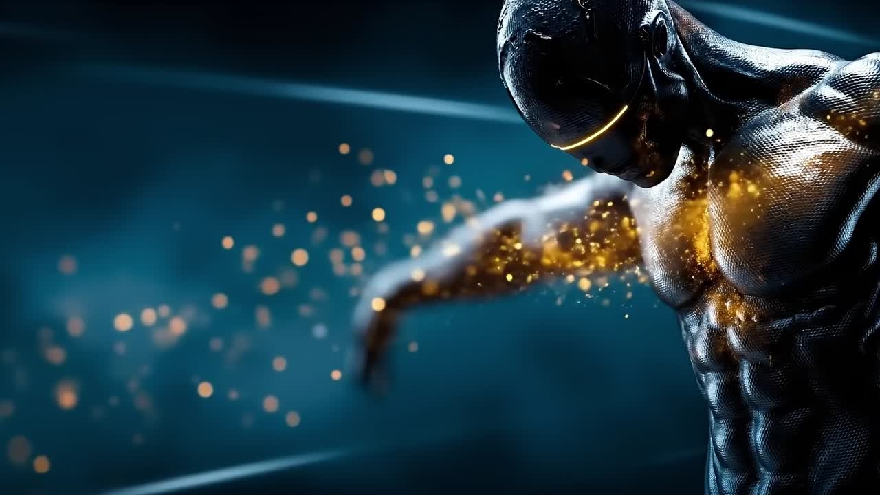 A man in a black suit with gold particles coming out of his chest