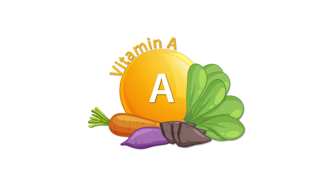 En animeret sekvens introducerer et vitamin A-ikon, efterfulgt af gulerod, bladgrøntsager og rodfrugter, ved hjælp af flydende overgange og en lys, flad vektorstil.
