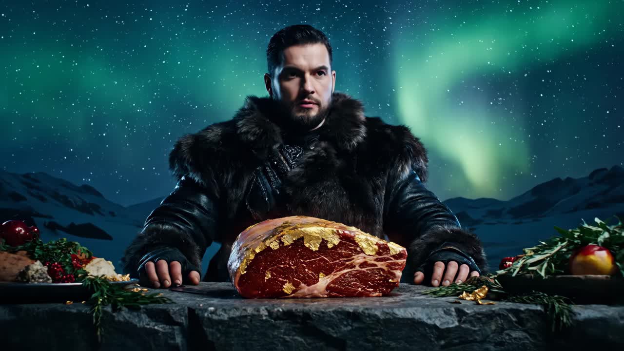 Man preparing an extravagant gold-covered steak under the aurora borealis