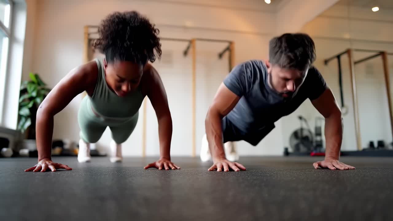Video dinamico di due persone che fanno flessioni in palestra, ripreso da un'angolazione bassa.