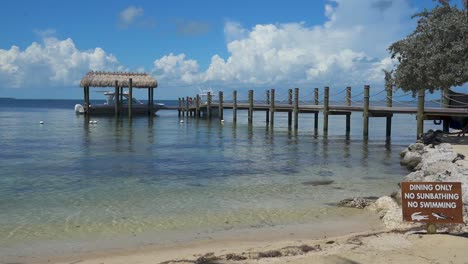 Muelle-De-Los-Cayos-De-Florida-Con-Barco-Y-Señal-De-No-Nadar-Con-Cocodrilos,-Tiburones