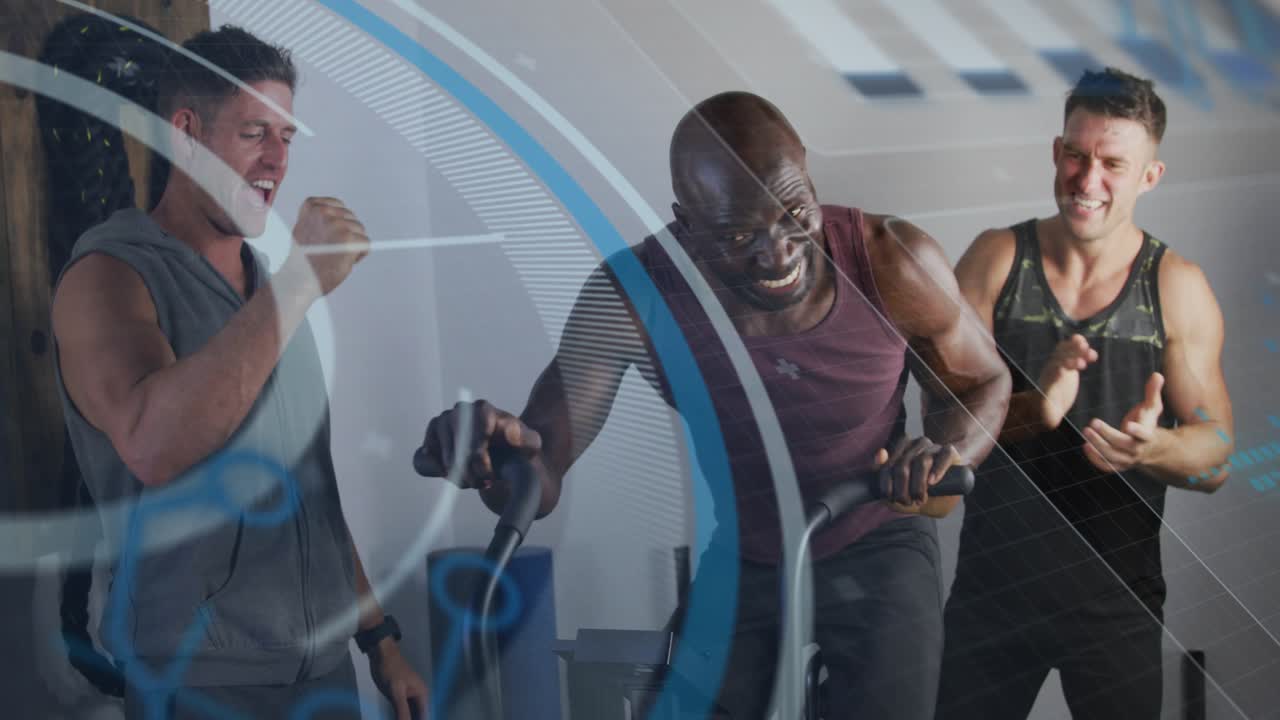 Trainee leaning, gripping bike, pedaling, fitness partners clapping, blue arcs sweeping, pushing