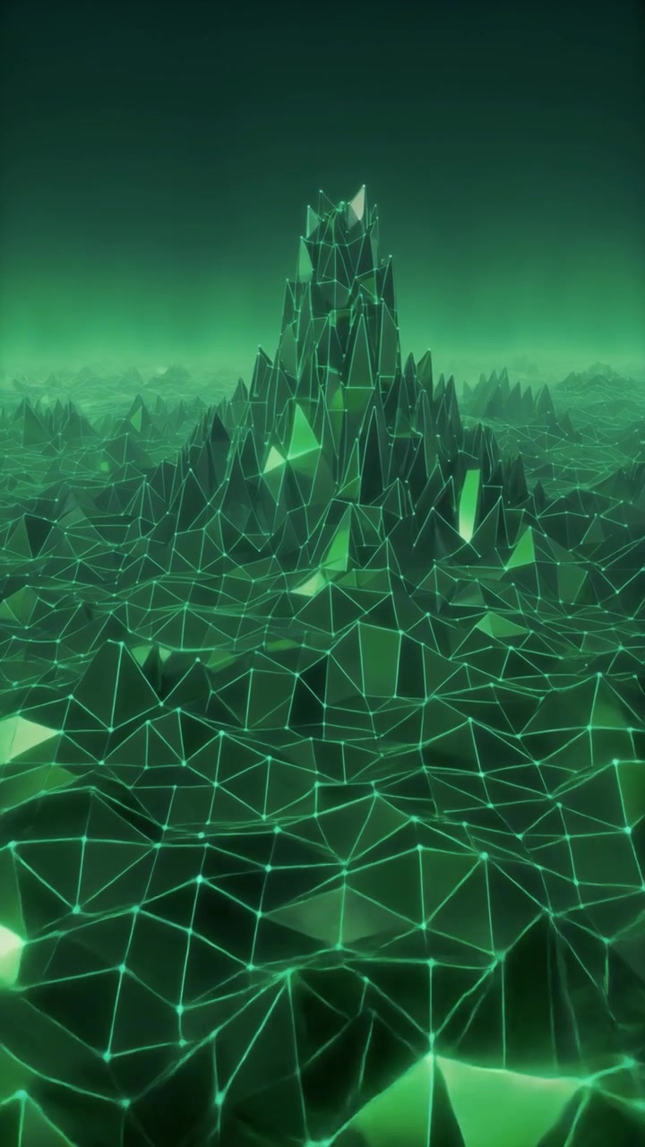 Abstract Green Low Poly Landscape with Glowing Mountain Peak