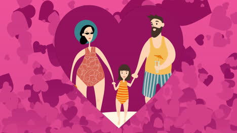 animación de múltiples corazones sobre una familia feliz con una hija en la playa sobre un fondo rosa