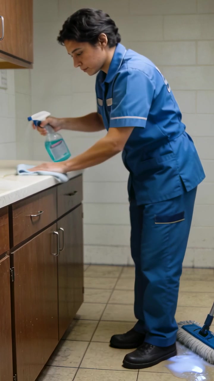 Vídeo vertical: Faxineiro uniformizado inclinando-se para pegar o borrifador, borrifando e limpando o balcão na cozinha.