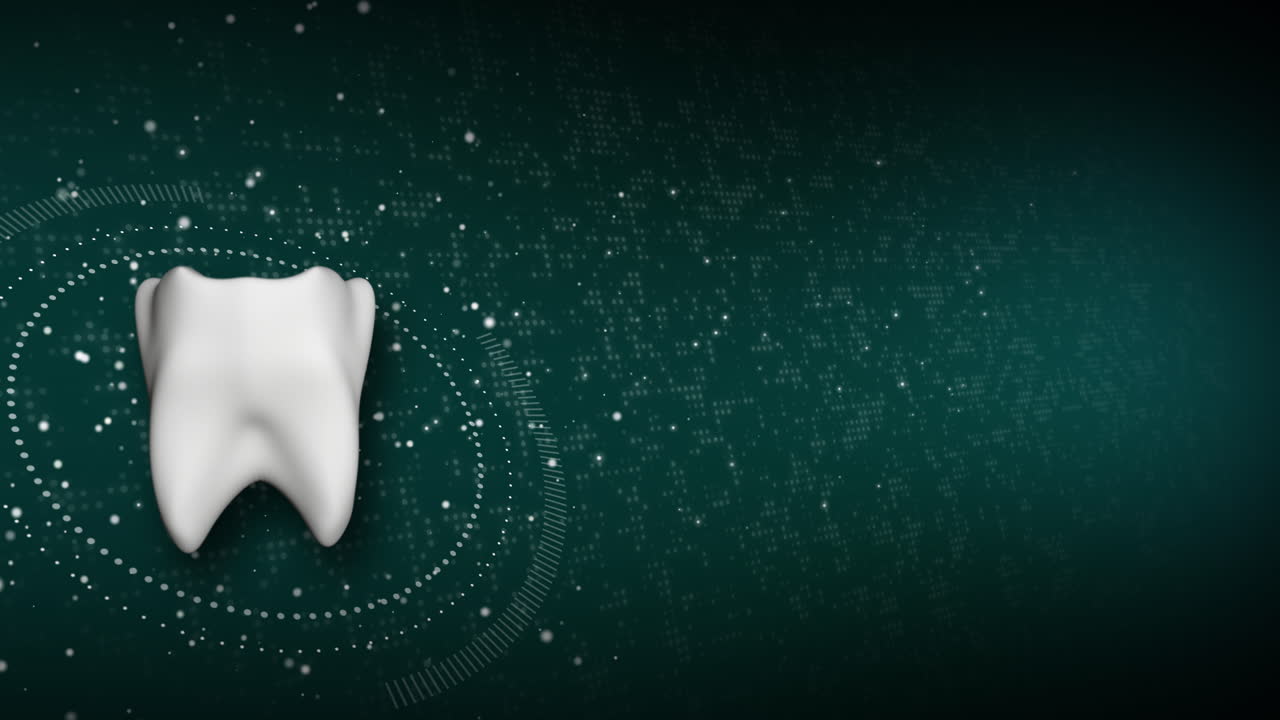 Green medical dental background with 3d tooth. Technical animation of particles and HUD element. Looped motion graphics.