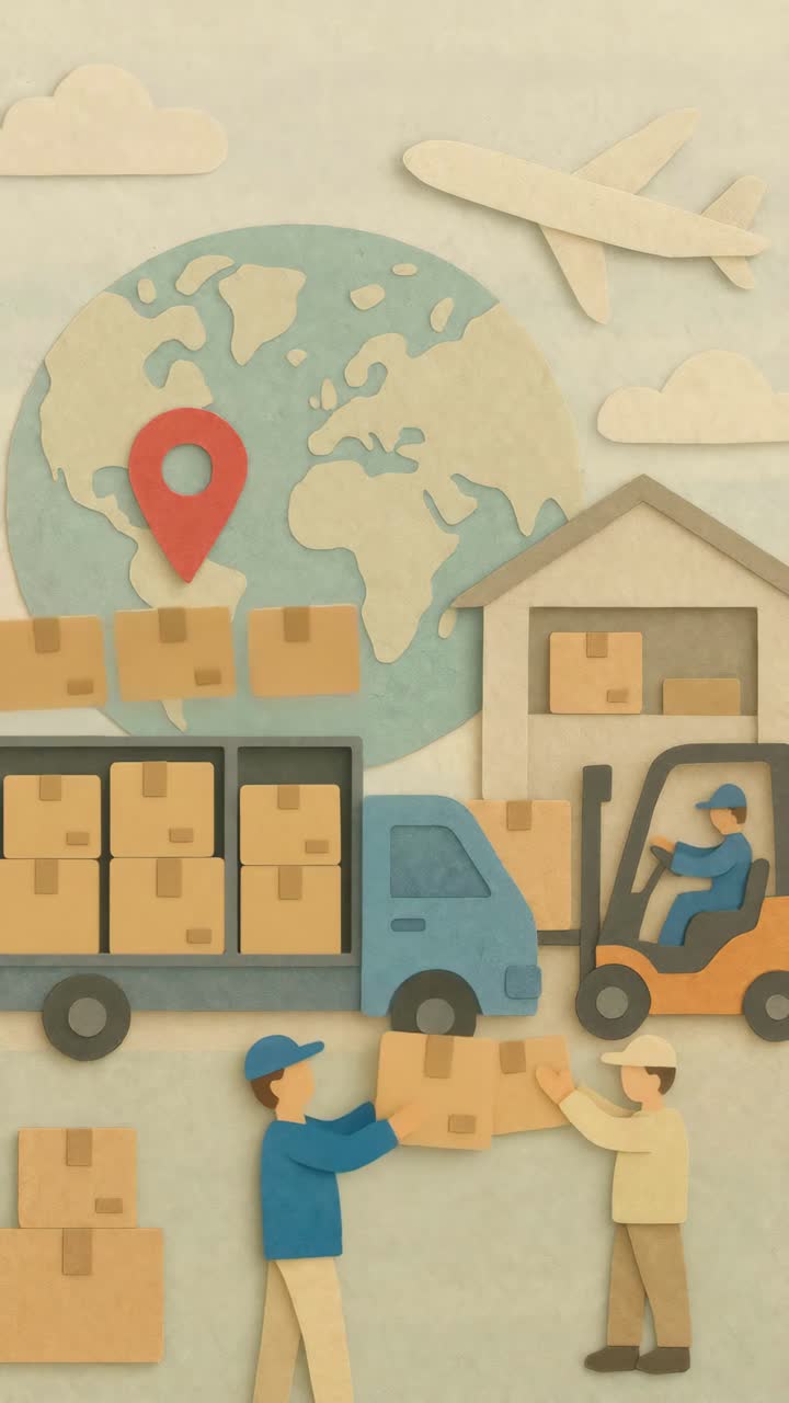 Paper-cut style illustration of global shipping, showing a side view of workers loading boxes