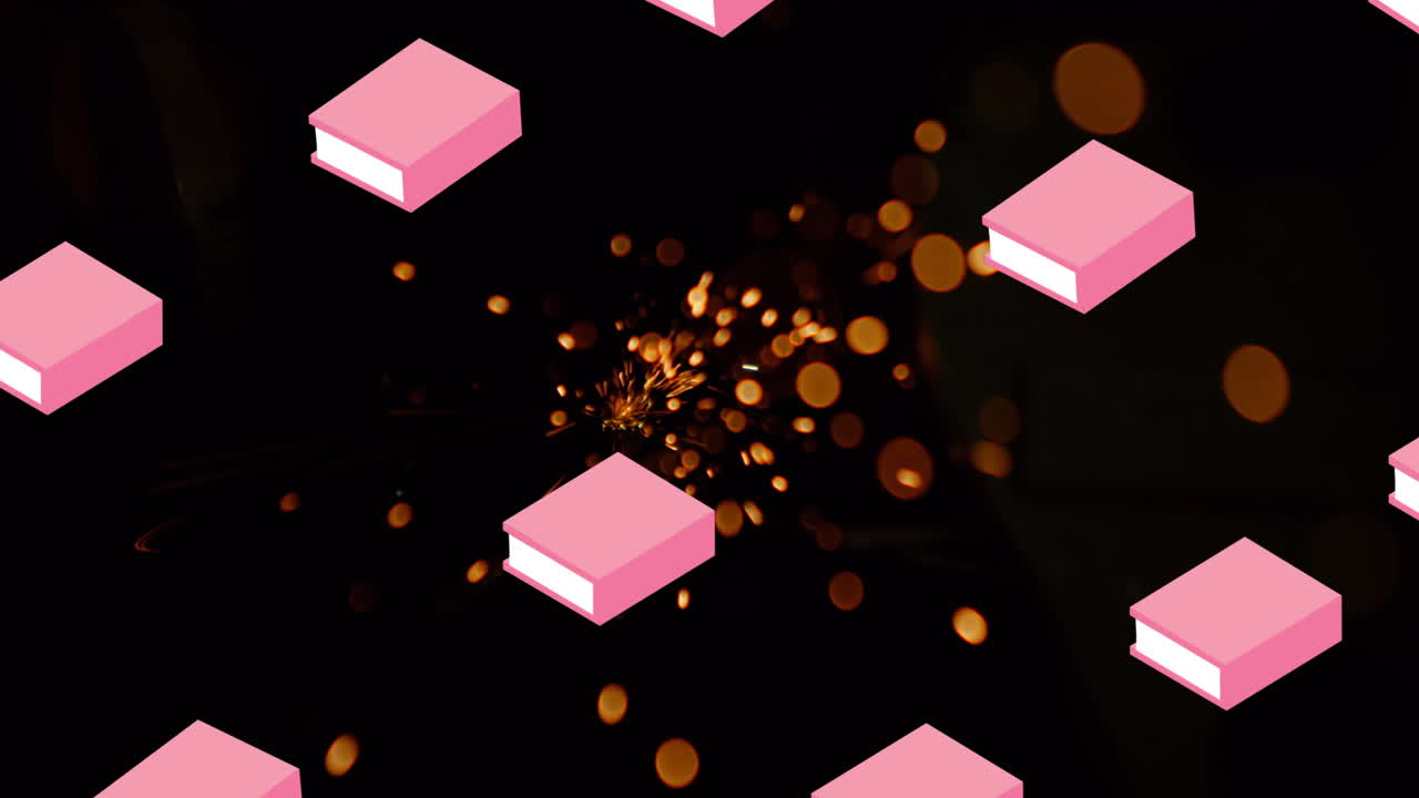 Animation of book icons over yellow spots on black background