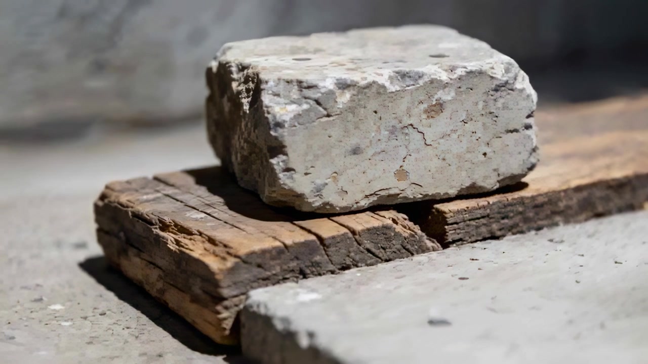 Kamera bewegt sich vorwärts und aufwärts und zeigt einen abgebrochenen Betonblock auf Holzkeilen zur Inspektion.