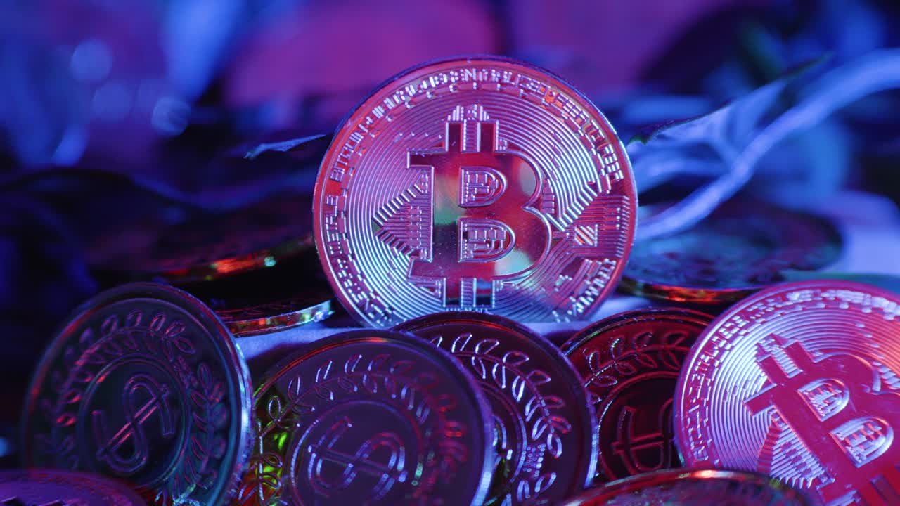 Silver Bitcoin currenty coins, Digital money, banking, investment, finance and business.