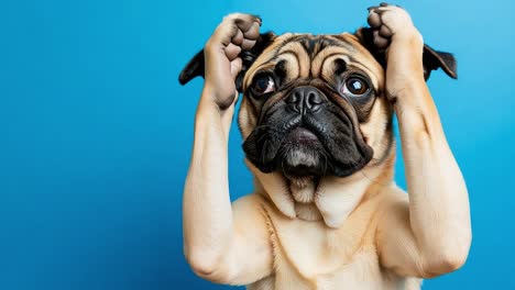 a pug dog with its head in its hands