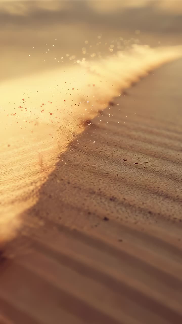 Vertical video: Light cross wind lifting sand along crescent dune crest in desert, camera tracking