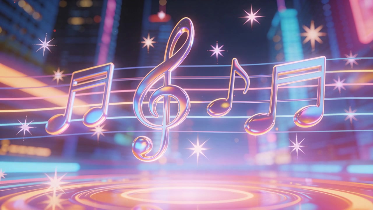 Illuminazione pulsante, pentagramma fluttuante di note che si muove sopra un palco circolare, chiave di violino che ruota a ritmo.