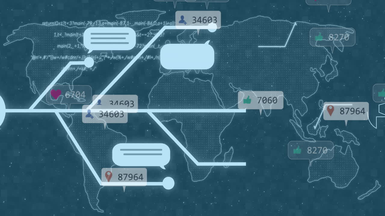 Animation of flowchart, notification bars and computer language over map