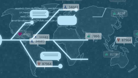 Animation-of-flowchart,-notification-bars-and-computer-language-over-map