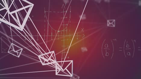 Animation-Eines-Netzwerks-Aus-Nachrichtensymbolen-Und-Mathematischer-Gleichung,-Die-Vor-Violettem-Hintergrund-Schweben