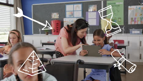 ayudando al estudiante con la tableta, el maestro en la escuela con símbolos educativos animación