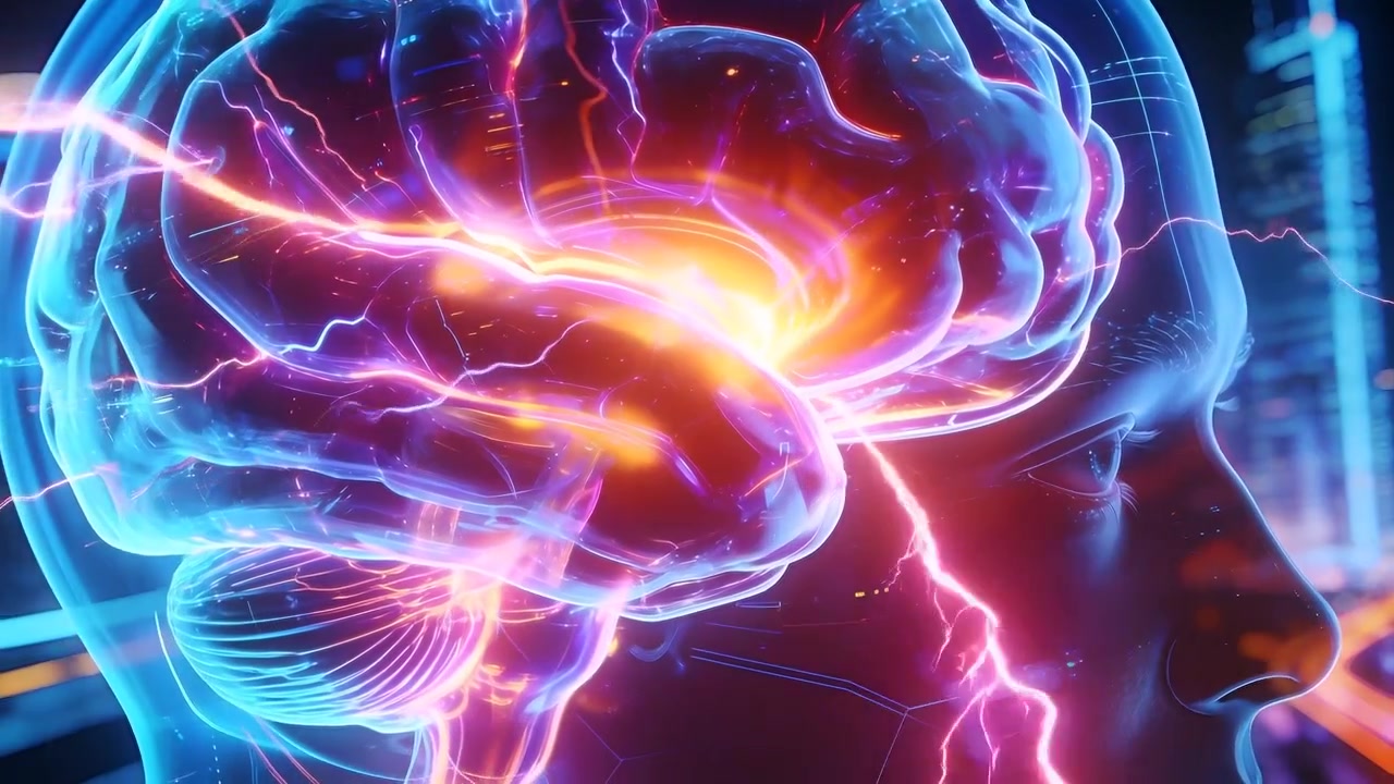 Starting signal, right holo head showing glowing brain over neon city, arcs surging to show links