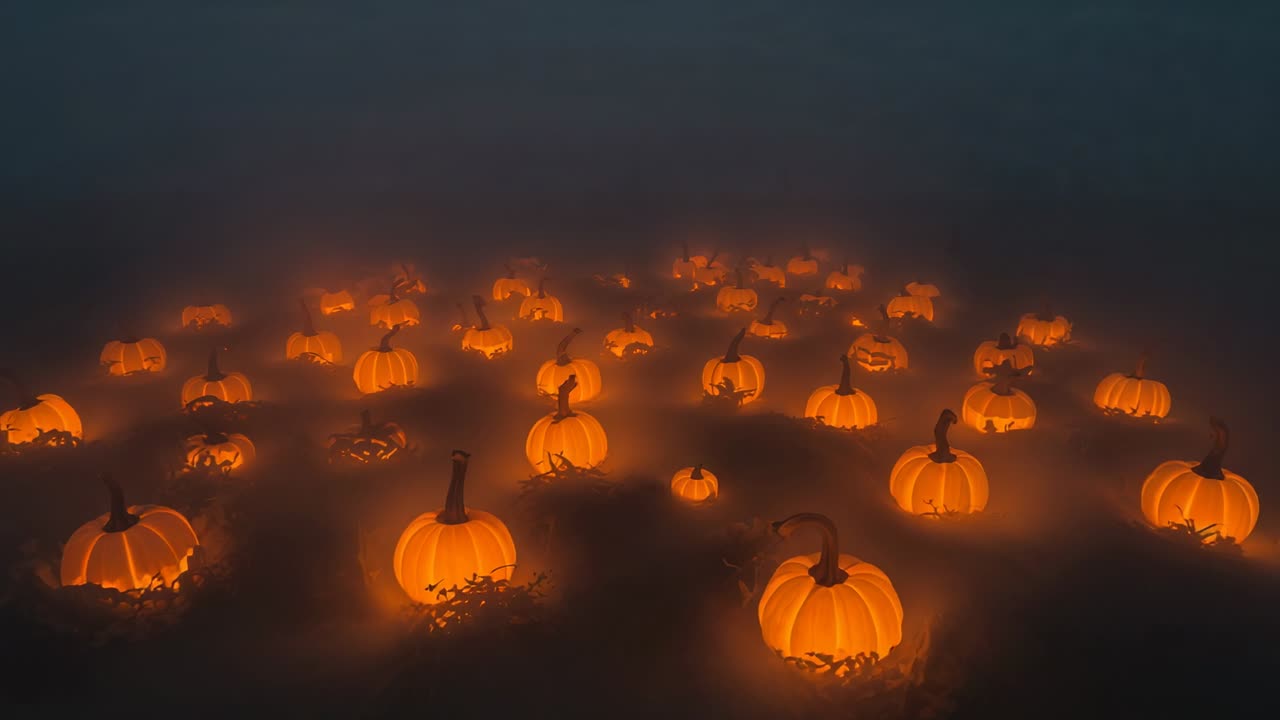 After hold, camera tilting, gliding over vine covered soil in fog showing glowing carved pumpkins