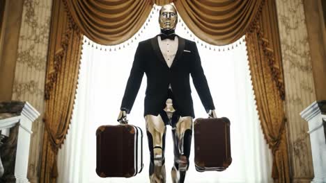 a stylish humanoid robot elegantly dressed in a tuxedo descends a grand staircase, carrying two sophisticated suitcases while showcasing a futuristic blend of technology and sophistication.