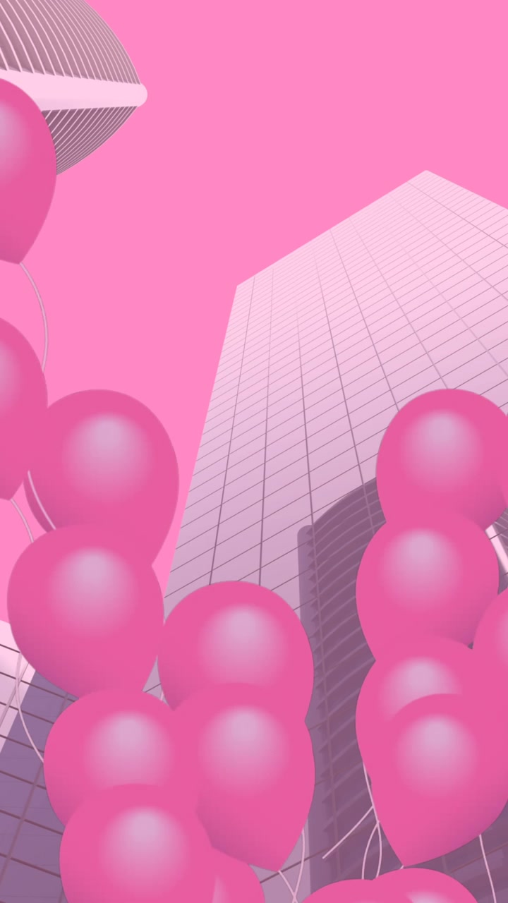 Animação digital de múltiplos balões rosa flutuando sobre um modelo 3D de edifícios altos contra um fundo rosa
