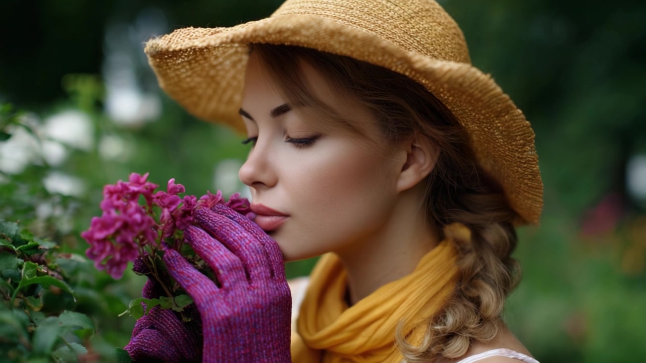 Una giovane donna con un cappello da sole annusa delicatamente bellissimi fiori mentre indossa guanti da giardinaggio in un ambiente esterno lussureggiante e verde, abbracciando la bellezza della natura.