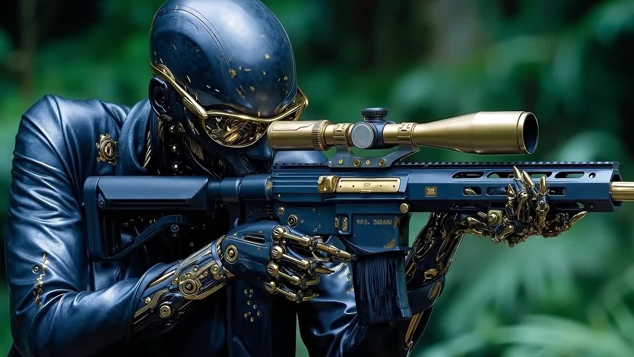 A man in a black and gold outfit holding a rifle