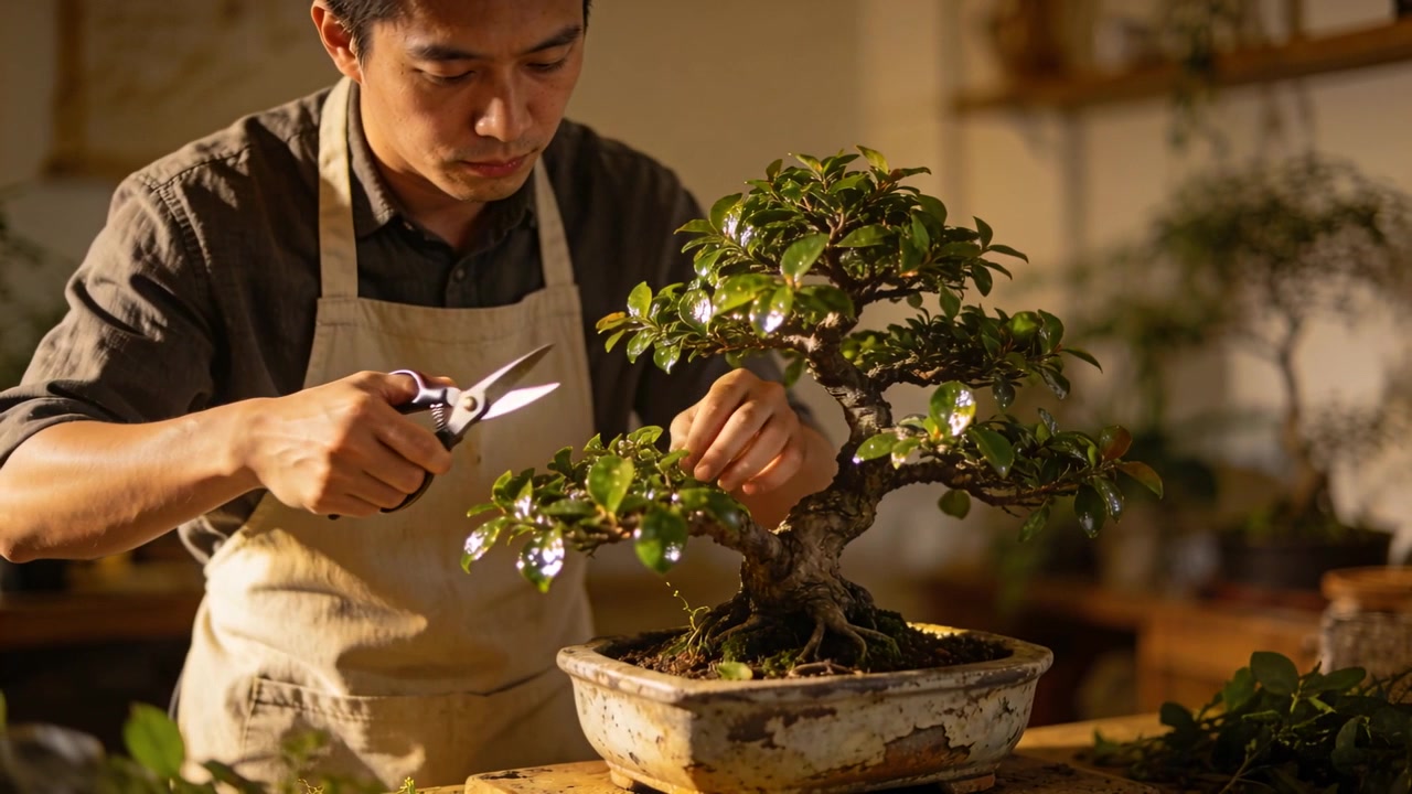 Un bonsaista si sporge in avanti, potando i rami in un laboratorio, indossando un grembiule e modellando l'albero con le cesoie.